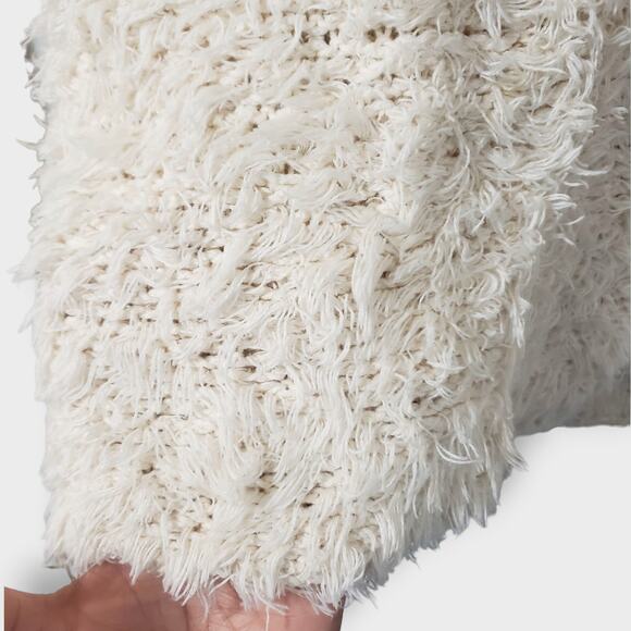 Nation Ltd. Shaggy Fuzzy Short Sleeve V-Neck Teddy Sweater Tee Cream Sz Small - Picture 4 of 12